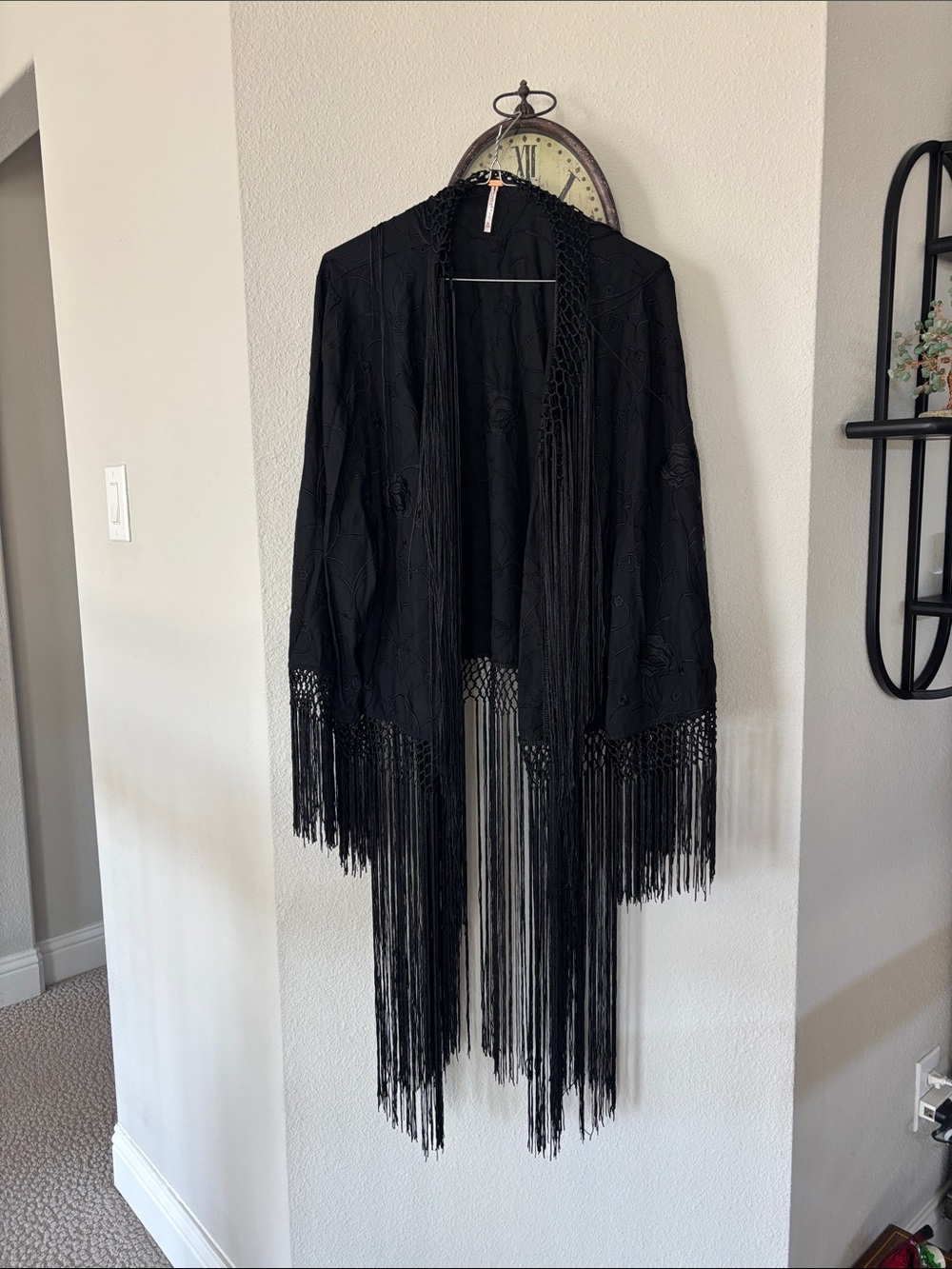 Free People Black Fringe Crochet Open-Front Cape